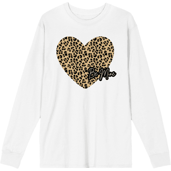 V Day Cheetah Heart Be Mine Crew Neck Long Sleeve Adult Tee-Medium-White