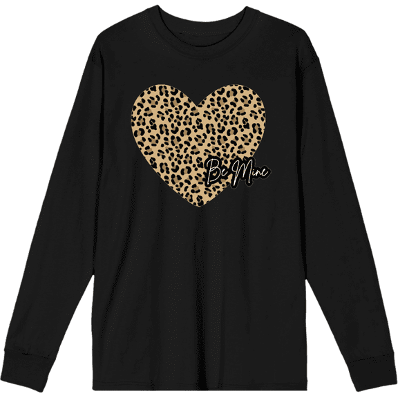 V Day Cheetah Heart Be Mine Crew Neck Long Sleeve Adult Tee-Small-Black