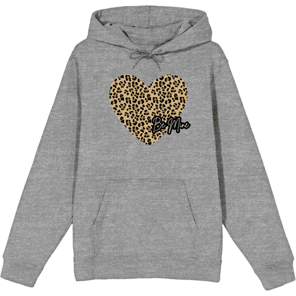 V Day Cheetah Heart Be Mine Long Sleeve Adult Hooded Sweatshirt-Small-Heather Gray