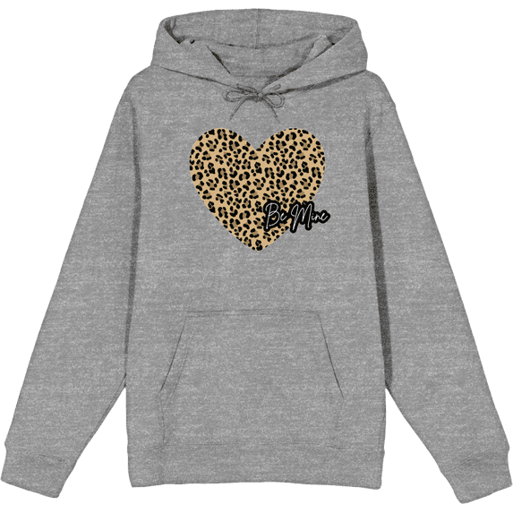 V Day Cheetah Heart Be Mine Long Sleeve Adult Hooded Sweatshirt-XL-Heather Gray