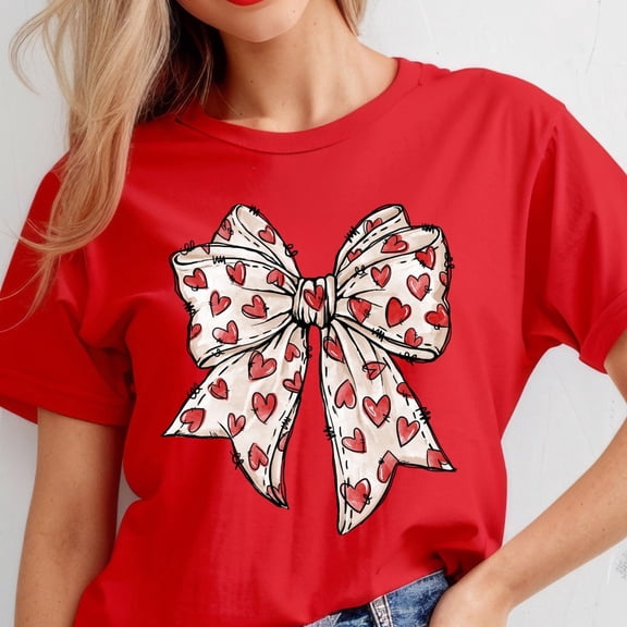 V-Day Heart Bow Shirt, Coquette Bow T-Shirt, V-Day Bow Shirt, Heart Bow T-Shirt, Gift Friend RED Unisex S-5XL Hot Trending Shirt, Vintage Birthday Gift