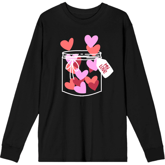 V Day Jar Of Hearts Adult Black Crew Neck Long Sleee Tee-Medium