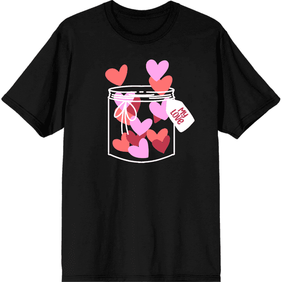 V Day Jar Of Hearts Adult Black Crew Neck Short Sleee Tee-Medium