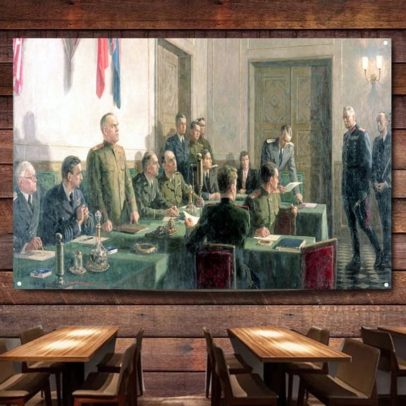 V-E Day Victory at Last for World War IIs Allies Flag Banner Wall Chart Canvas Painting WW II Military Historical Posters & Prints Wall Art Decoration Tapestry For Room, Home,38X57 inches