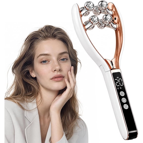 V Face Roller Massager, EMS Microcurrent RF Heating, Red Blue LED Light, Jaw Neck Body Cordless USB Rechargeable Beauty Device
