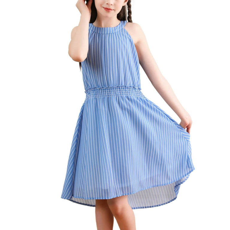 V.&GRIN Girls Dress 10-12 Blue Halter Sleeveless Summer Sundress Smocked Waist Off-Shoulder Big Girls Clothes, Girl's, Size: Medium
