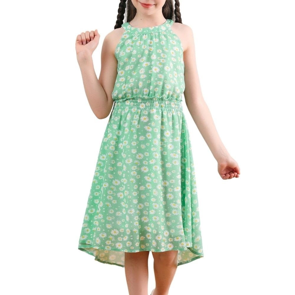 V.&GRIN Girls Dress 78 Green Halter Sleeveless Summer Sundress Smocked