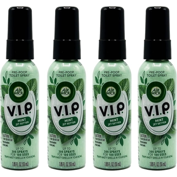 V.I.P. Pre-Poop Toilet Spray, Mint Jet Setter, Travel Size, Neutralizes Odors, Contains Essential Oils, Fresh Mint Scent Bathroom Spray, 1.85 Oz (Pack of 4)