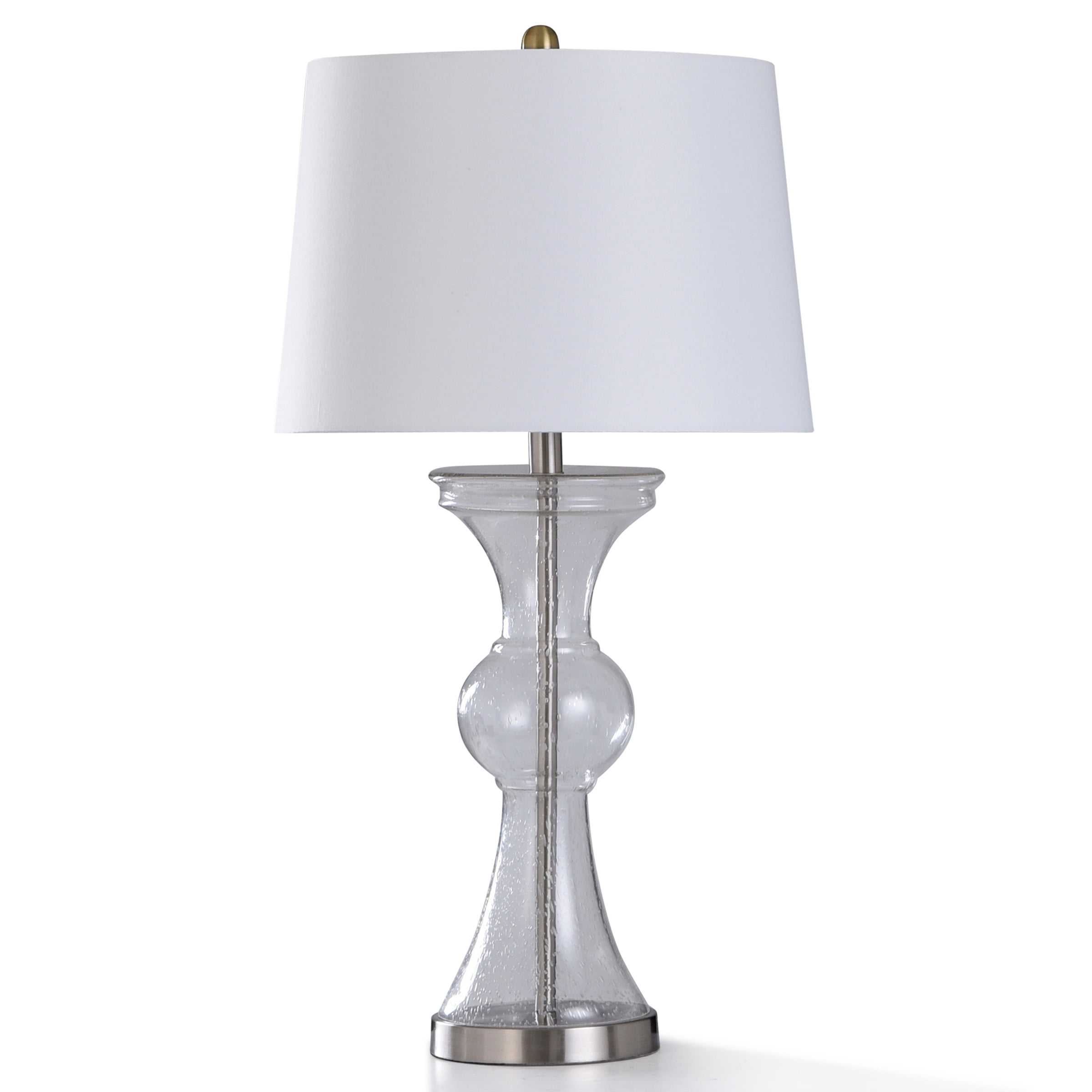Clear Seeded Glass and Brushed Nickel Table Lamp with White Shade