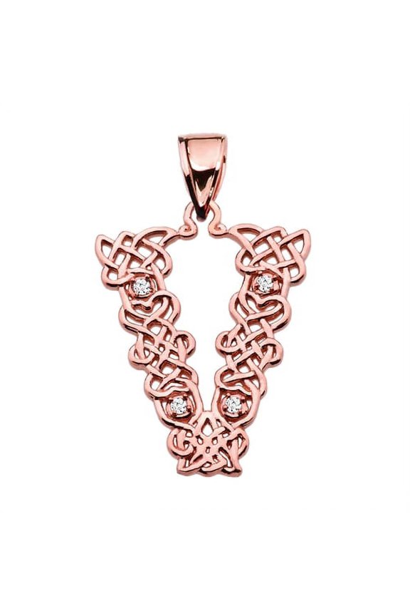 V" INITIAL IN CELTIC KNOT PATTERN ROSE GOLD PENDANT NECKLACE WITH DIAMOND :  14K  Pendant with 20" chain