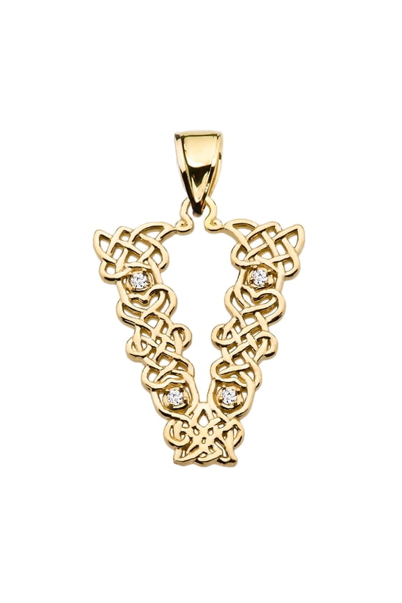 V" INITIAL IN CELTIC KNOT PATTERN YELLOW GOLD PENDANT NECKLACE WITH DIAMOND :  10K  Pendant with 22" chain