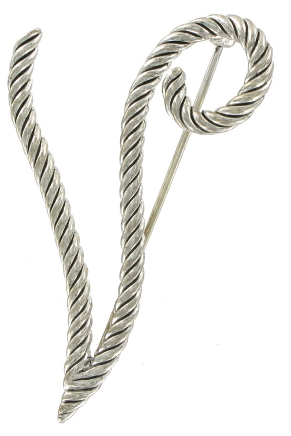 "V" Initial Pin Brooch Large Script Silver Tone Rope Ladies Adult Female Women