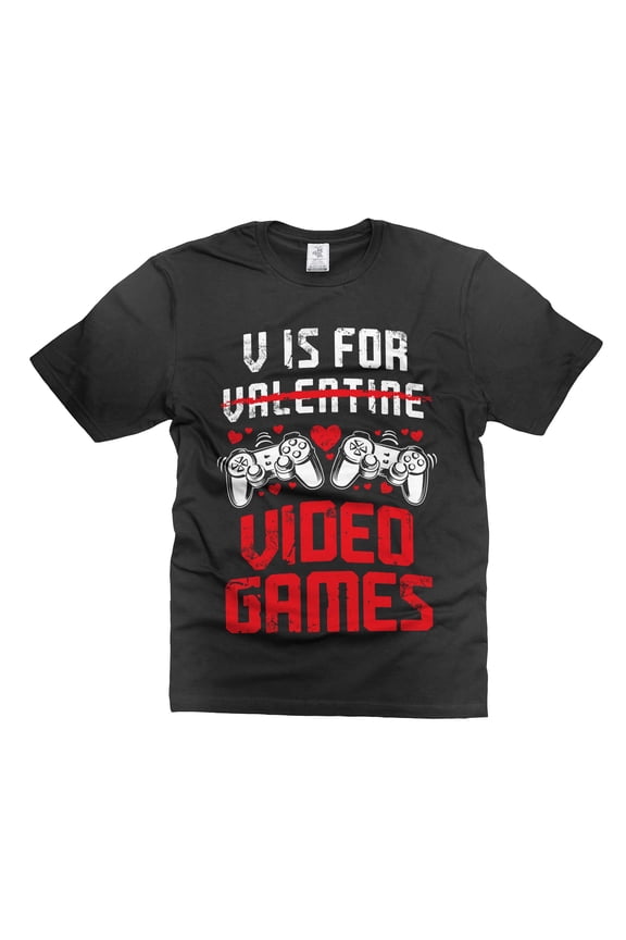 V Is For Video Games Shirt Funny Gaming Shirt Valentine's Day Joke Shirt Humorous Gifts For Him (3X-Large Black)