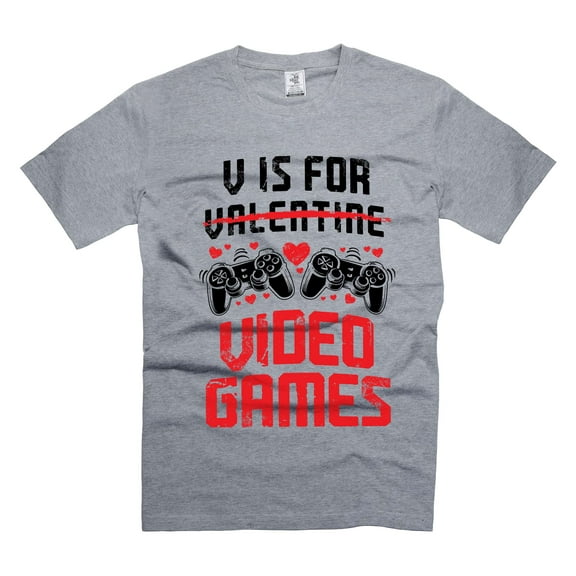 V Is For Video Games Shirt Funny Gaming Shirt Valentine's Day Joke Shirt Humorous Gifts For Him (Medium Grey)