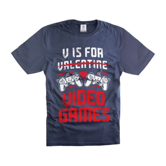V Is For Video Games Shirt Funny Gaming Shirt Valentine's Day Joke Shirt Humorous Gifts For Him (X-Large Navy Blue)