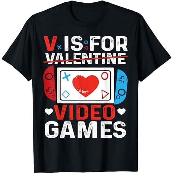 V Is For Video Games Valentine Gamer Valentines Day Men Boy T-Shirt