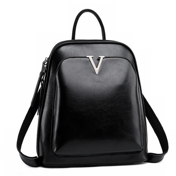 V Leather Backpack - Top Grain, Multi-Compartment Design for Travel, School, or Fashion. Stylish 10.2"L x 3.9"W x 11"H Dimensions with Brass Hardware - Black