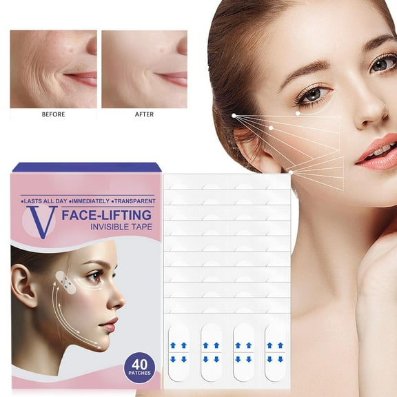 V Lifting Adhesive Tape - Instant Face Neck Lift Tape, 40pcs, Transparent Breathable, Strong Elasticity, Skin Shaping Tape, Non-Reflective Finish, V-Shaped Makeup Organizers