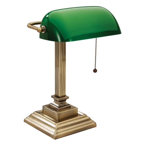 V-Light 15 inch Brass LED Banker's Lamp with Green Shade and USB Charging Port