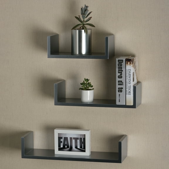 V-Light Gray U-Shaped Wall Shelf, 3 pack