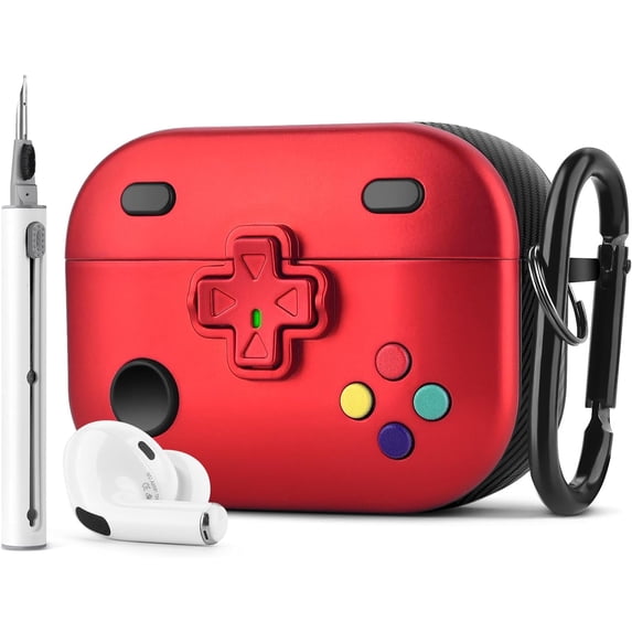 V-MORO Airpods Pro 2nd Generation Headphone Case with Case Cleaner and Booster, Rugged TPU Gaming Controller Design, Wireless Charging, Red, 1 Pack