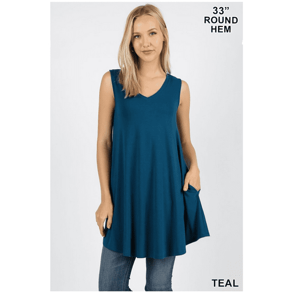 V-NECK ROUND HEM SLEEVELESS FLARED TUNIC WITH POCKETS 2 COLORS AVAILABLE (TEAL)