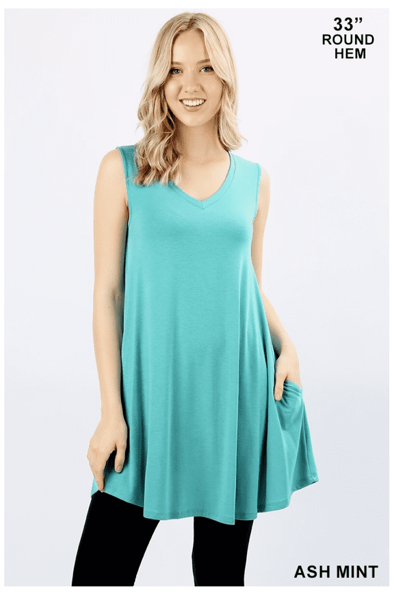 V-NECK ROUND HEM SLEEVELESS FLARED TUNIC WITH POCKETS 2 COLORS AVAILABLE