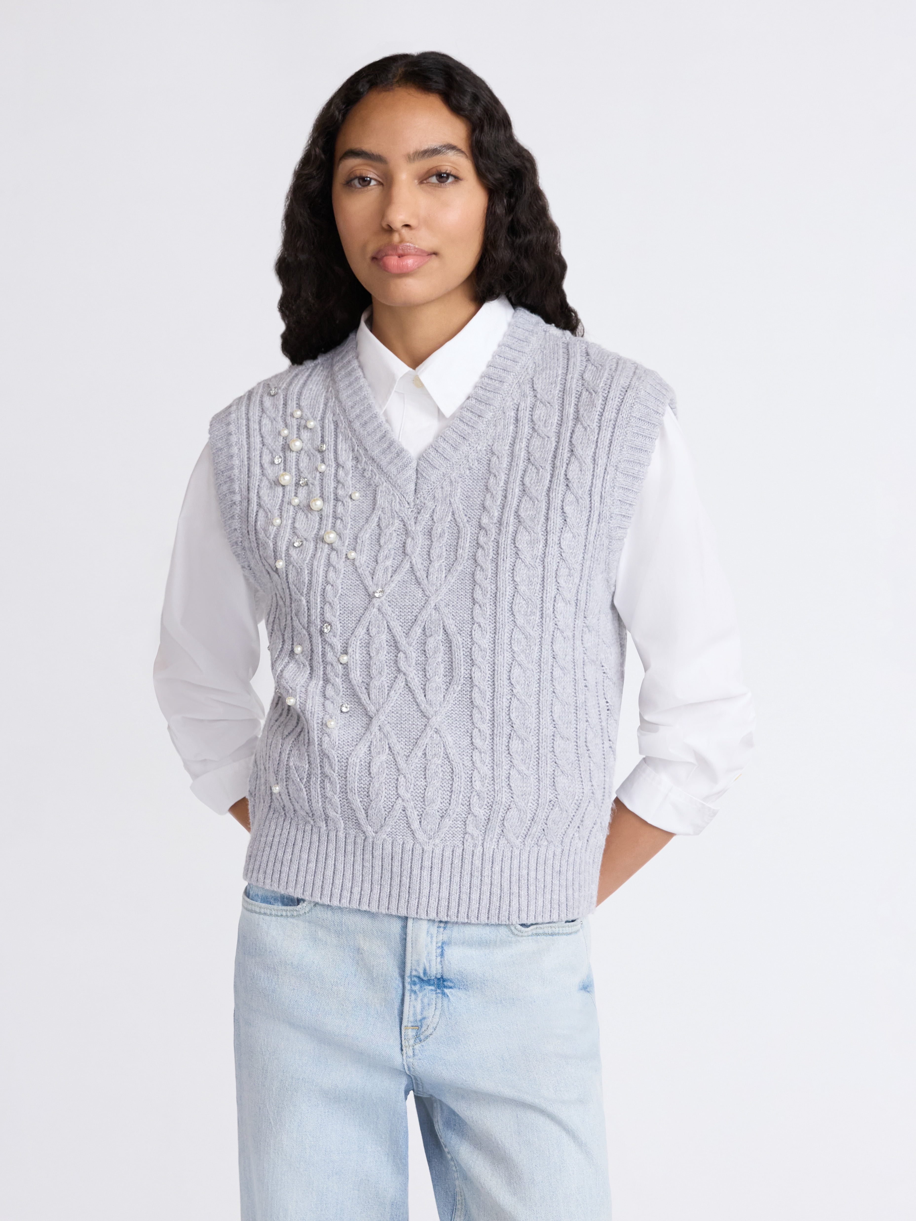 Free Assembly Women's Embellished V-Neck Cable Sweater Vest, Sizes