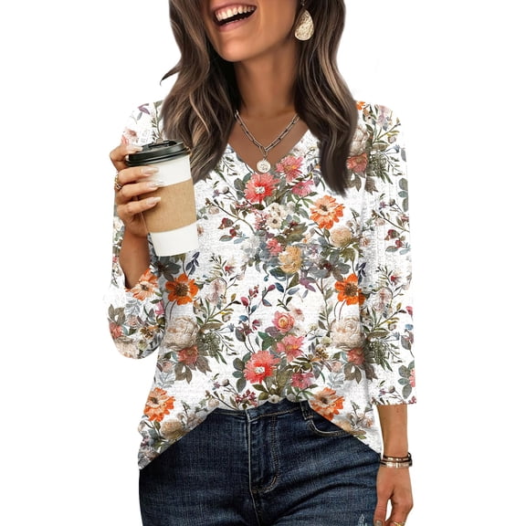 V Neck 3/4 Length Sleeve Shirts for Women Casual Fall Tops Lightweight Tunic Shirts 2026 Light Gray XL