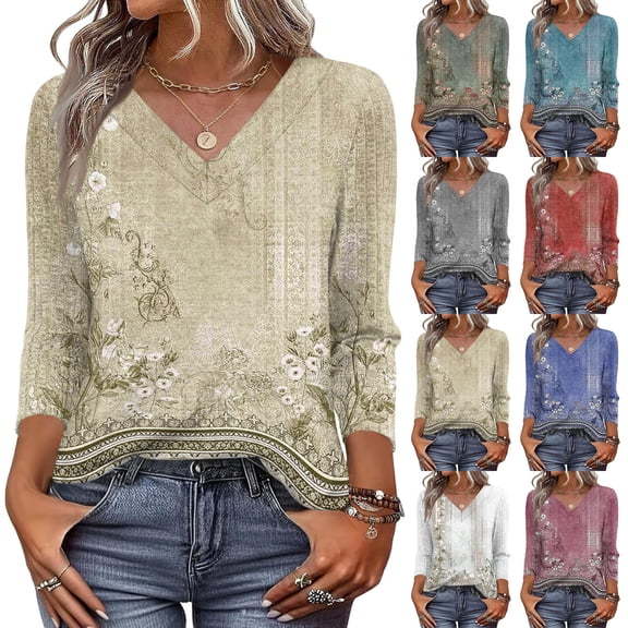 V Neck 3/4 Length Sleeve Shirts for Women Casual Fall Tops Lightweight Tunic Shirts 2026 Royal Blue M