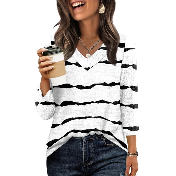 V Neck 3/4 Length Sleeve Shirts for Women Casual Fall Tops Lightweight Tunic Shirts 2026 White 2XL