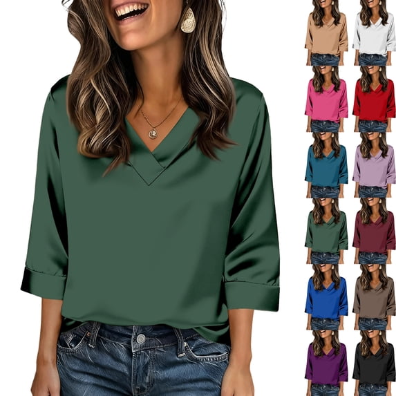 V Neck 3/4 Length Sleeve Silk Satin Blouses for Women Dressy Casual Loose Fit Tops Comfy Lightweight Silky All Season Shirts, #01 Army Green, XXL