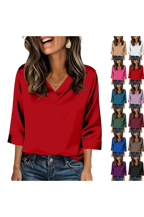V Neck 3/4 Length Sleeve Silk Satin Blouses for Women Dressy Casual Loose Fit Tops Comfy Lightweight Silky All Season Shirts, #01 Red, L