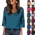 thumbnail image 1 of V Neck 3/4 Length Sleeve Silk Satin Blouses for Women Dressy Casual Loose Fit Tops Comfy Lightweight Silky All Season Shirts, #01 Royal Blue, M, 1 of 6