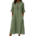 thumbnail image 1 of V Neck 3/4 Ruffled Sleeve Solid Color Dress Women Button Detail with Pockets for Spring Summer Daily Wear Beach Vacation Office Casual Green S, 1 of 6