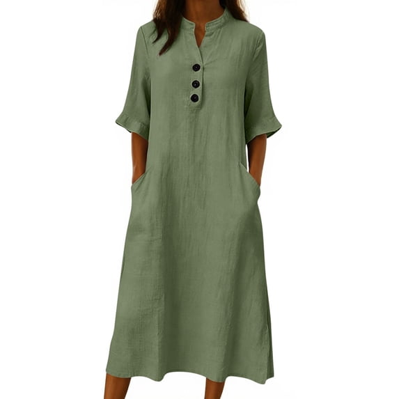 V Neck 3/4 Ruffled Sleeve Solid Color Dress Women Button Detail with Pockets for Spring Summer Daily Wear Beach Vacation Office Casual Green S