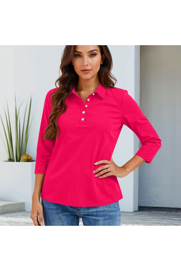 V Neck 3/4 Sleeve Polo Shirts for Women Collared Tees Basic Casual Work Tops Summer Hot Pink 3XL