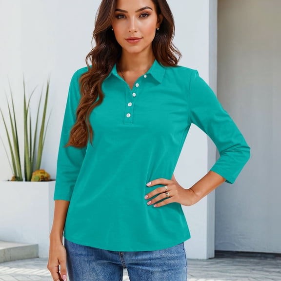 V Neck 3/4 Sleeve Polo Shirts for Women Collared Tees Basic Casual Work Tops Summer Turquoise 2XL