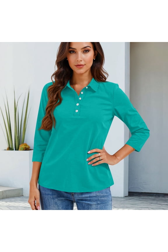 V Neck 3/4 Sleeve Polo Shirts for Women Collared Tees Basic Casual Work Tops Summer Turquoise M