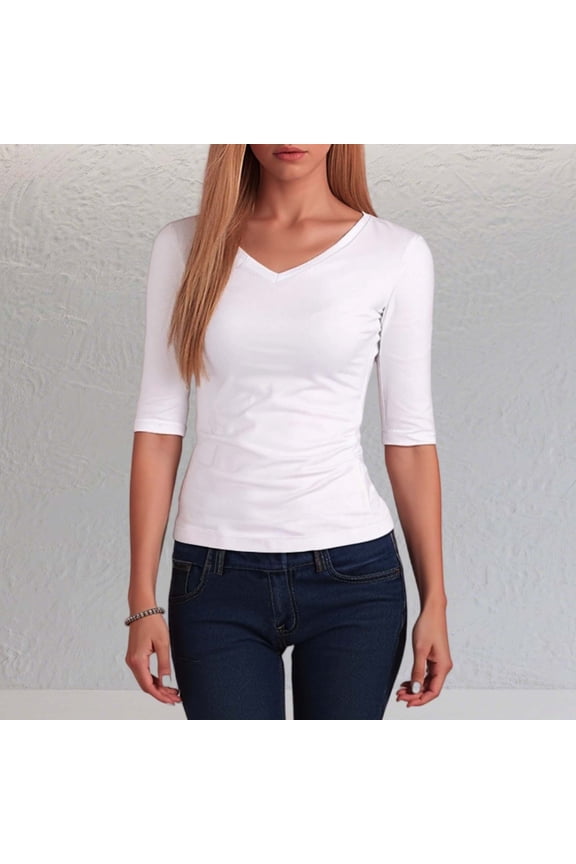 V Neck 3/4 Sleeve Shirts For Women Solid Color Loose Fashion Dressy Casual T Shirt Lightweight Summer Work Tee Pullover Outfits White XL/...