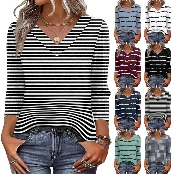 V Neck 3/4 Sleeve Shirts for Women Casual Fall Tops Lightweight Tunic Fashion Clothes Loose Fit 2026 Gray S