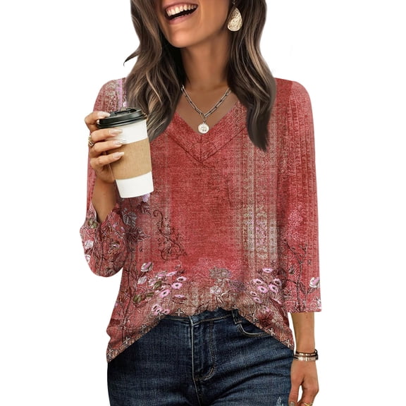 V Neck 3/4 Sleeve Shirts for Women Casual Fall Tops Lightweight Tunic Fashion Clothes Loose Fit 2026 Red S