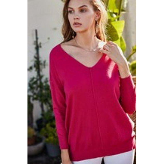 V Neck 3/4 Sleeve Side Slit Hi-lo Sweater