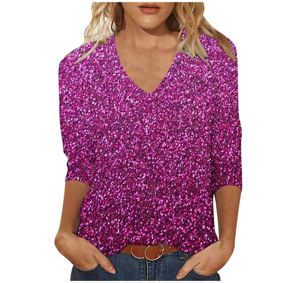 V Neck 3/4 Sleeve Tops for Women Plus Size Fashion Sequins Tunic T Shirts Party Glittery Fall Blouses (Purple,2XL)