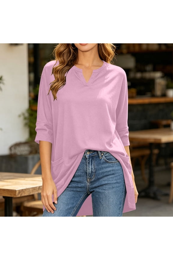 V Neck 3/4 Sleeve Tunic Top For Women, Extra Long Length Double Pocket T Shirt, Solid Color Summer Casual Blouse, Loose Fit Womens Tee Shirt Pink XL