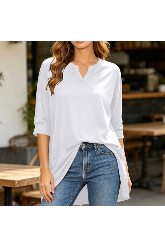V Neck 3/4 Sleeve Tunic Top For Women, Extra Long Length Double Pocket T Shirt, Solid Color Summer Casual Blouse, Loose Fit Womens Tee Shirt White S