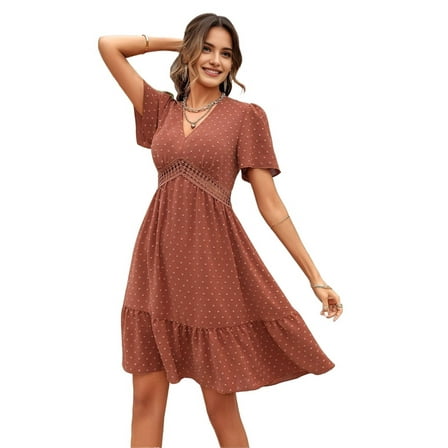 V-Neck A-Line Dress Brick Red M