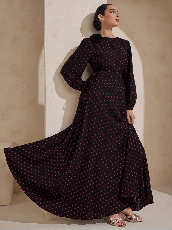 V-Neck A-Line Maxi Dress for Women Long Sleeve Fitted Waist Modest Arabic Kaftan