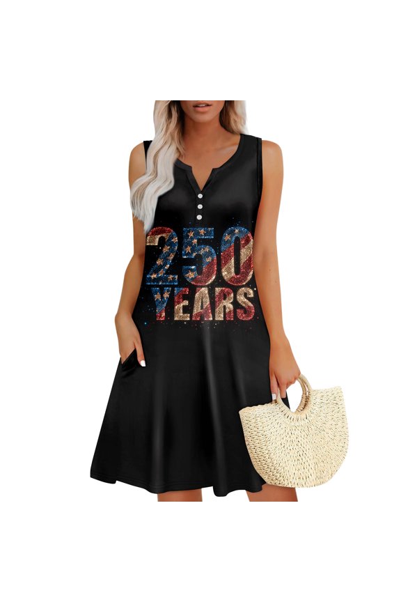 V Neck Aline Dresses for Women Button Down Flowy Sleeveless Dress Independence Day Summer Casual Flag Pattern Sundress