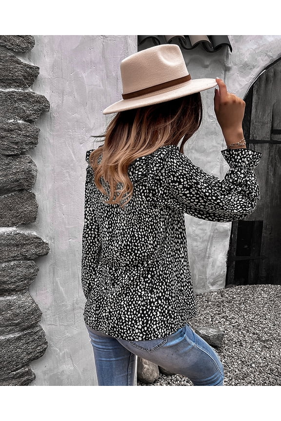 V Neck Animal Print Shoulder Ruffle Bishop Sleeve Blouse for Women